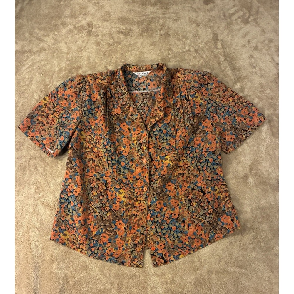 VTG Ming Ya Womens Floral Button-Up Blouse Orange Blue Ditsy Print Grandmacore